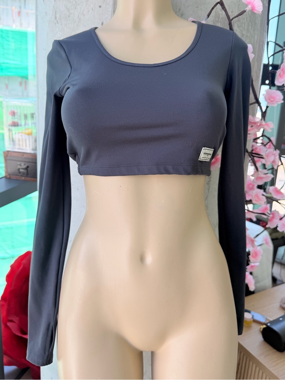 The Giving Movement Long Sleeve Stretchy Charcoal Grey Crop Top Shirt Size Small